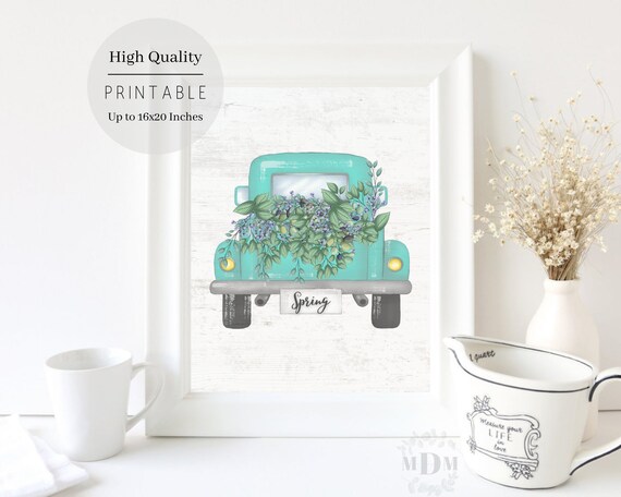 Vintage Turquoise Truck Front Spring Flowers Greenery Farmhouse Art Poster