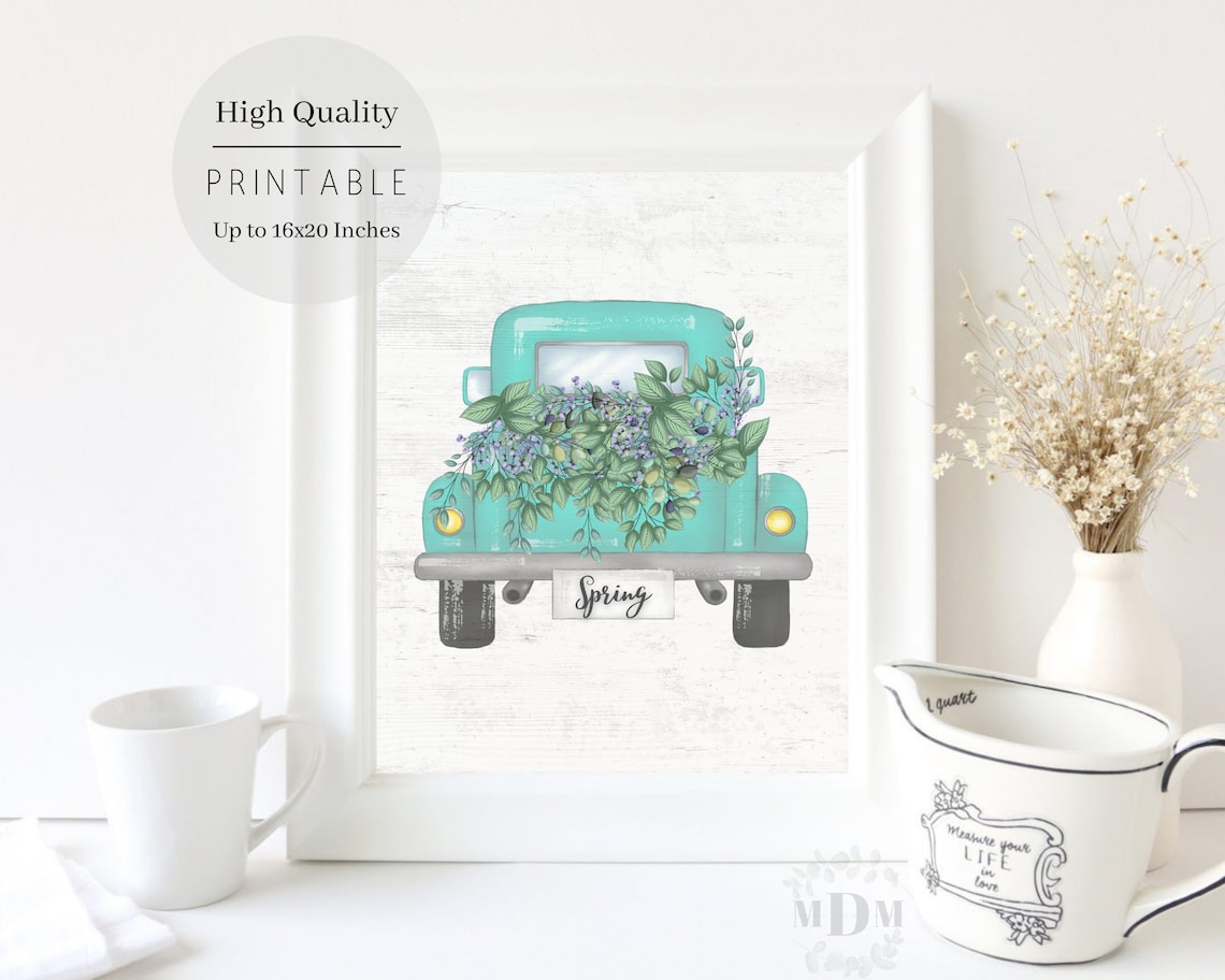 Vintage Turquoise Truck Front Spring Flowers Greenery Farmhouse Art Poster
