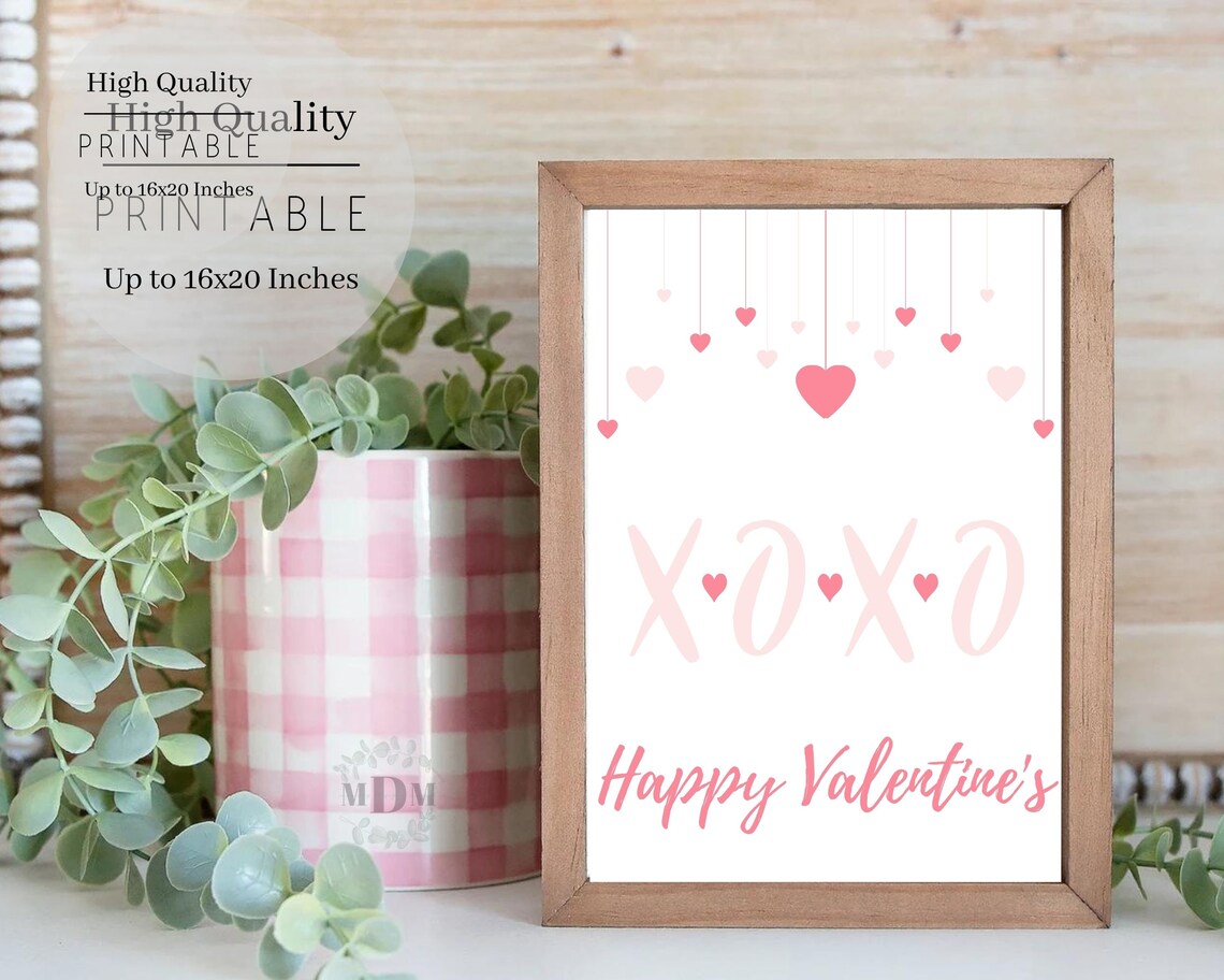 Happy Valentines XOXO Pink Script Hanging Hearts Sweet Greeting Poster