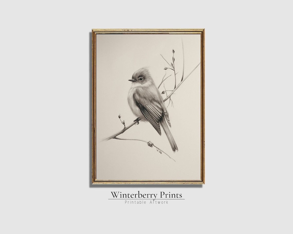 Antique Songbird Pencil Sketch Branch Sepia Vintage Farmhouse Wall Print