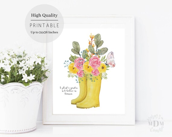 Yellow Rain Boots Spring Flowers Butterfly Watercolor Quote Wall Art Print