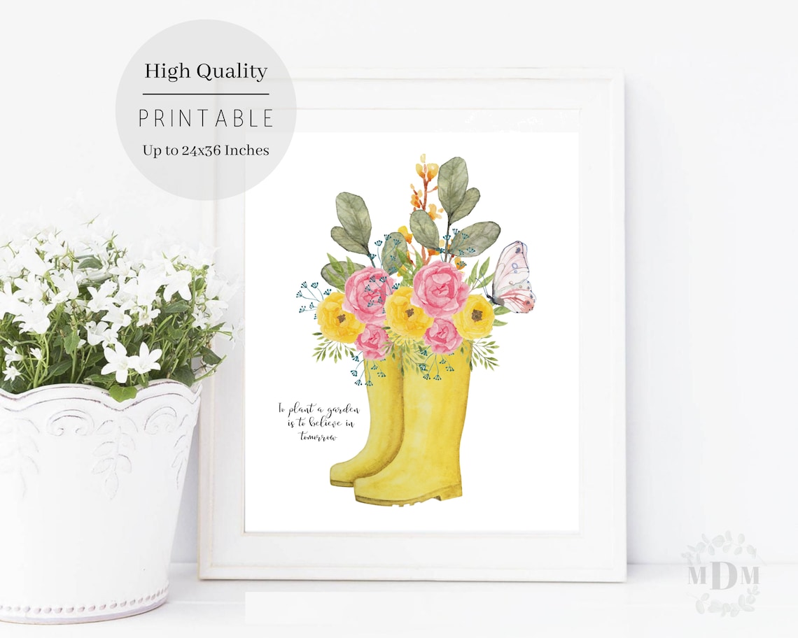 Yellow Rain Boots Spring Flowers Butterfly Watercolor Quote Wall Art Print