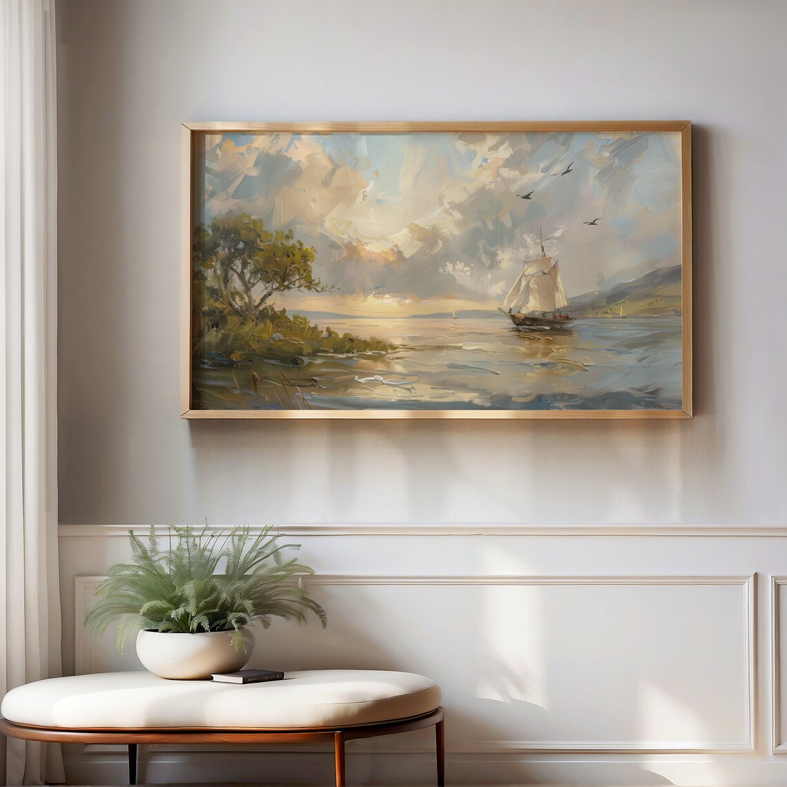 Tall Sailing Ship At Sunrise Calm Sea Birds Nautical Vintage Art Poster - Image 2