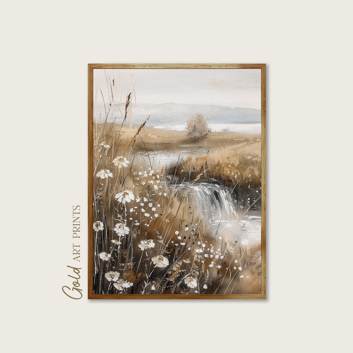 White Daisies By Gentle Stream Golden Meadow Vintage Floral Art Poster