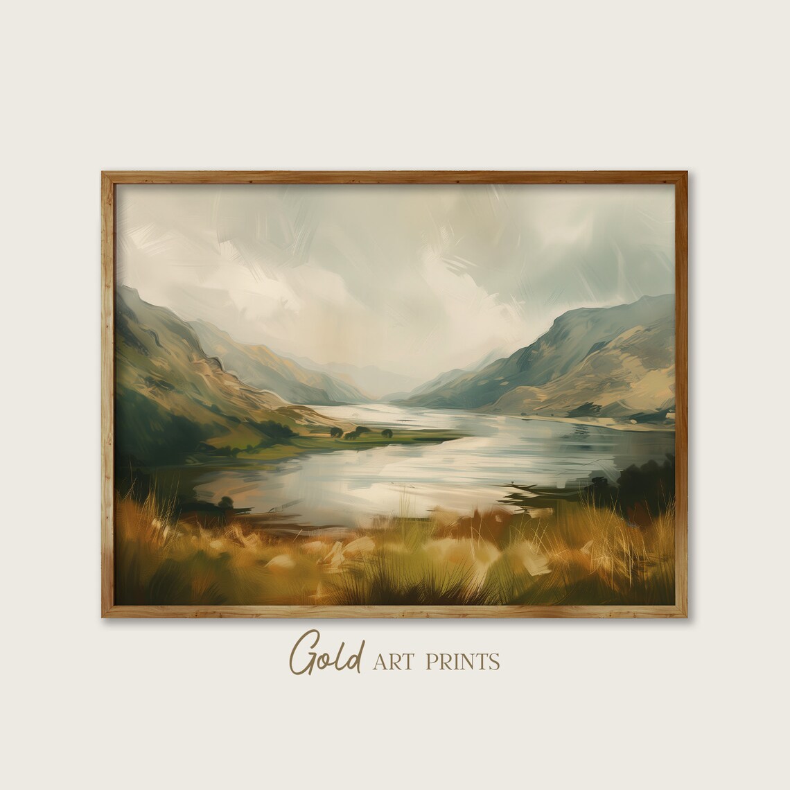 Misty Mountain Lake Valley Golden Grass Vintage Landscape Art Poster