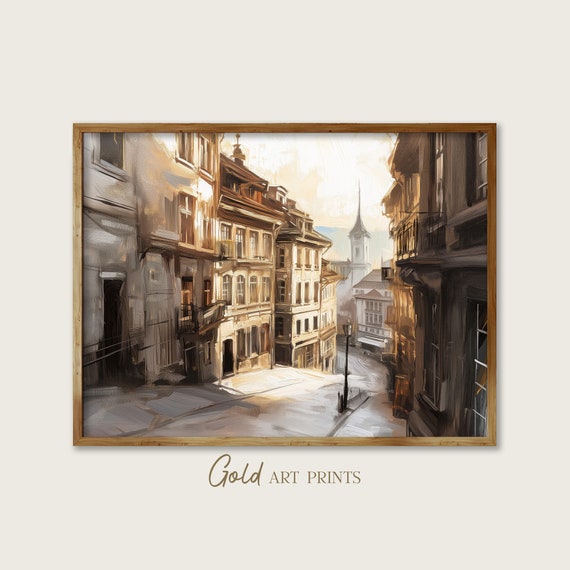 Vintage Sunlit Cobblestone Streets Art Print Old European Town Architecture Wall Decor Perfect For Home Refresh Gap24031