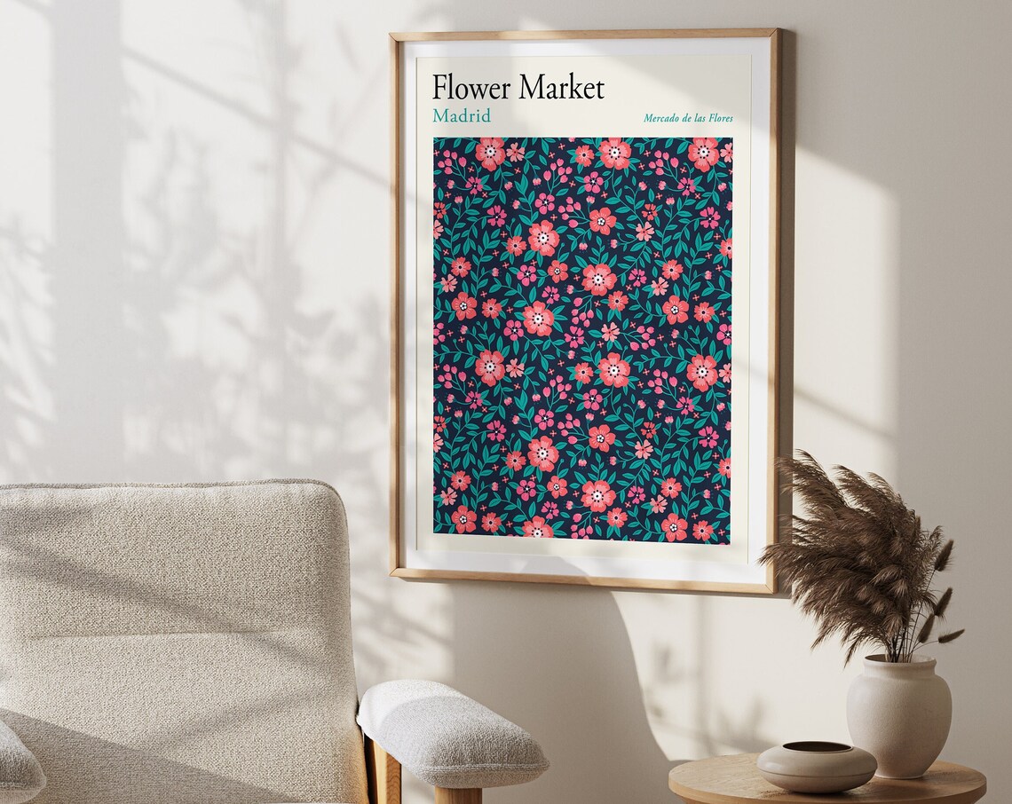 Madrid Mercado de las Flores Navy Pink Floral Botanical Poster