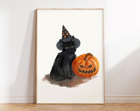 Cute Black Cat in Witch Hat with Jack O Lantern Halloween Art Poster