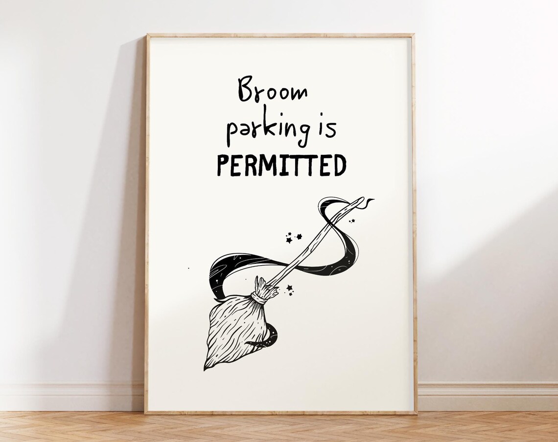 Broom Parking Is Permitted Witch Broom Ribbon Line Art Halloween Poster