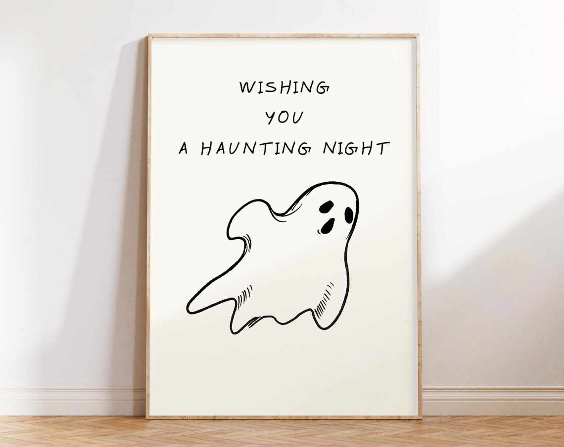 Wishing You a Haunting Night Hand Drawn Ghost Minimalist Halloween Poster