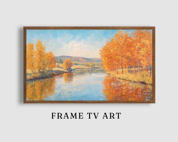 Golden Autumn River Reflection Impressionist Landscape Poster