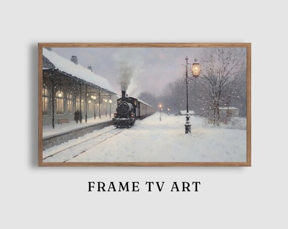 Vintage Steam Train Arriving at a Snowy Evening Station Painting Poster