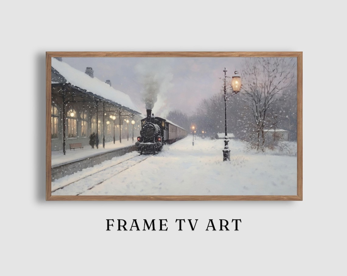 Vintage Steam Train Arriving at a Snowy Evening Station Painting Poster