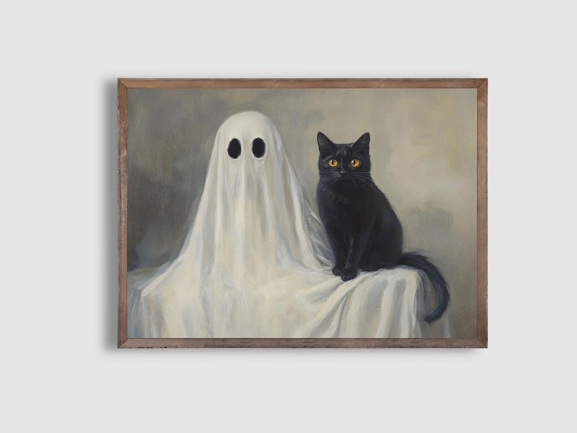 Sweet Ghost with Black Cat Vintage Style Halloween Portrait Print - Image 4