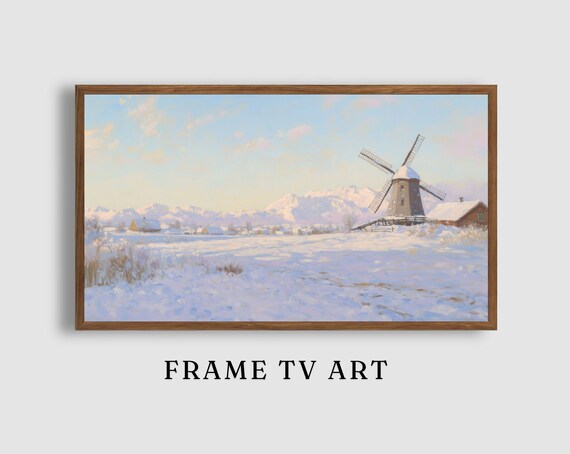 Snowy Windmill with Snow Capped Mountains Glowing in Winter Light Painting Poster