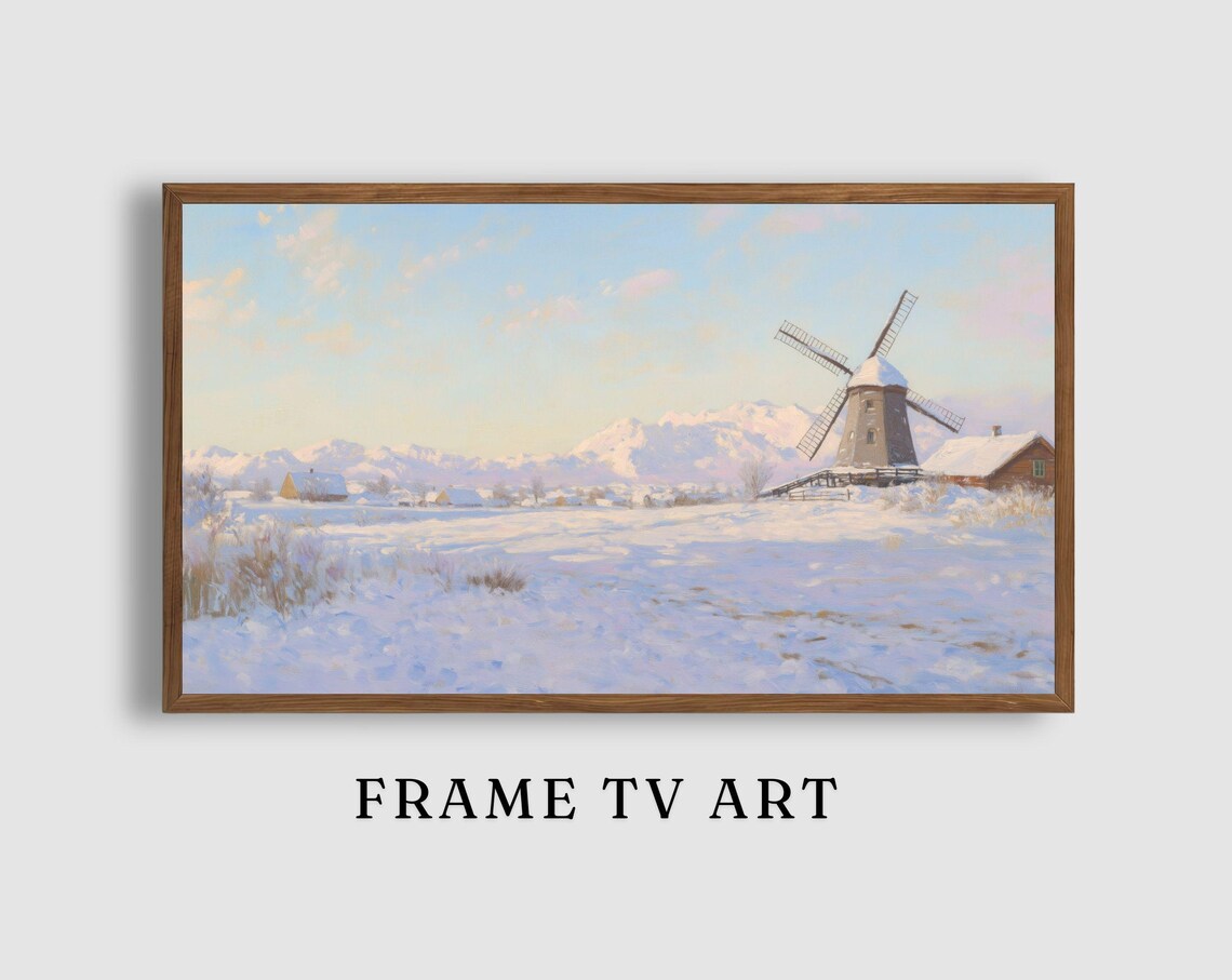 Snowy Windmill with Snow Capped Mountains Glowing in Winter Light Painting Poster