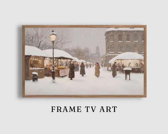 Snowy Christmas Market Stalls Shoppers Falling Snow Village Poster