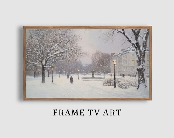Snowy Park Fountain Lampposts Falling Snow Urban Winter Poster