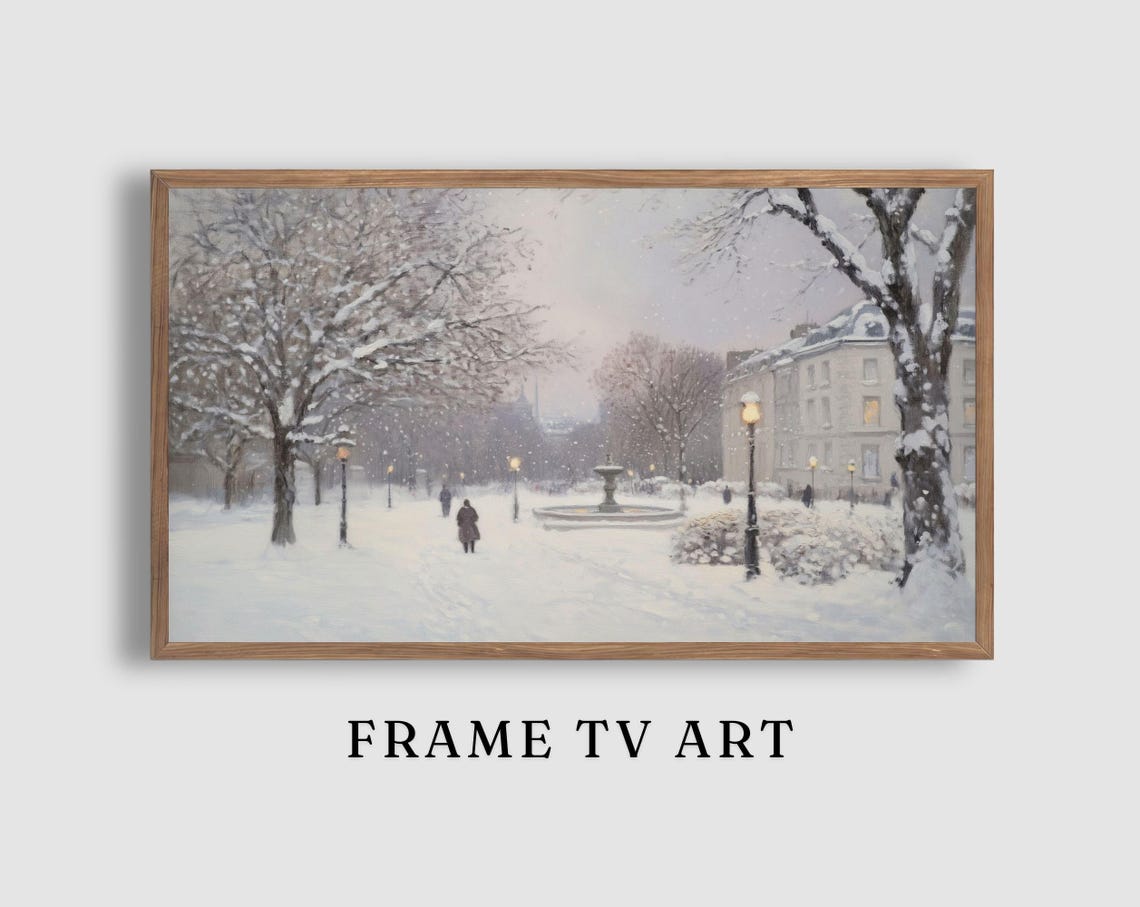 Snowy Park Fountain Lampposts Falling Snow Urban Winter Poster
