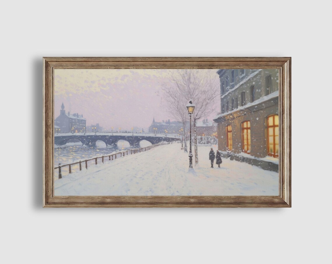 Snowy Riverside Quay with Arched Bridge and Lampposts at Dusk Painting Poster - Image 2