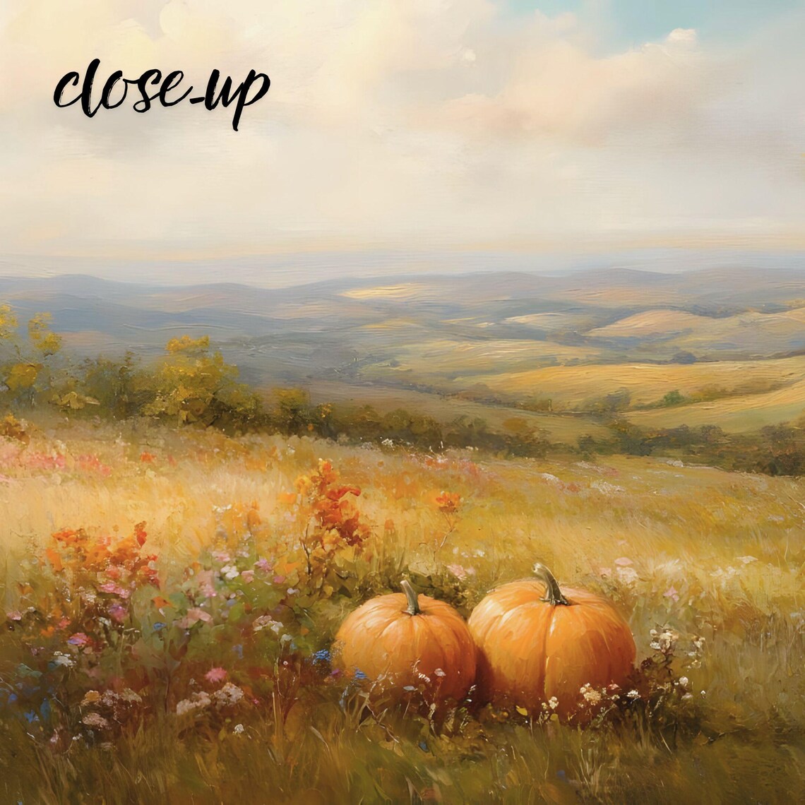 Autumn Pumpkin Field Overlooking Rolling Hills and Wildflower Meadow Poster - Image 4