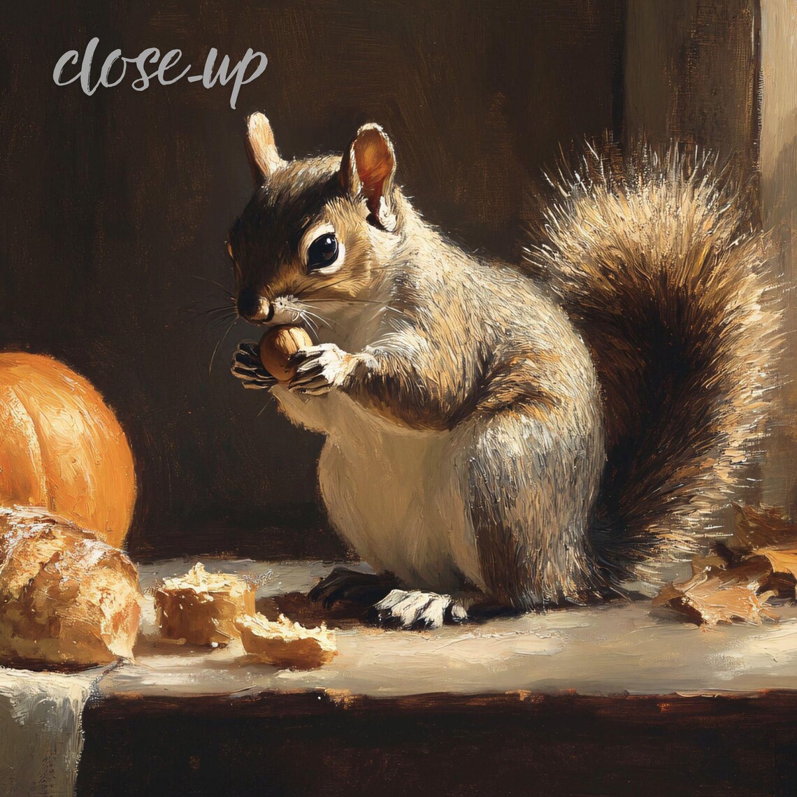 Gray Squirrel Eating Nut with Pumpkin and Bread Rustic Autumn Still Life Art Poster - Image 4