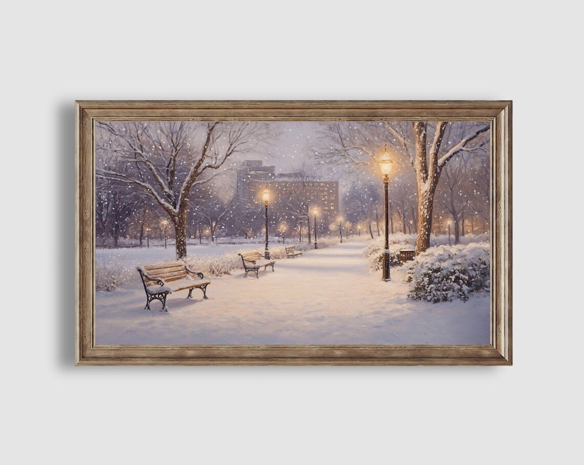 Snowy City Park Path Lamplights Benches Winter Evening Scene Art Poster - Image 2