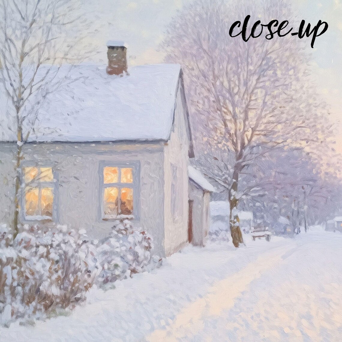 Snowy Cottage Lane with Glowing Windows and a Vintage Lamppost at Dusk Poster - Image 4