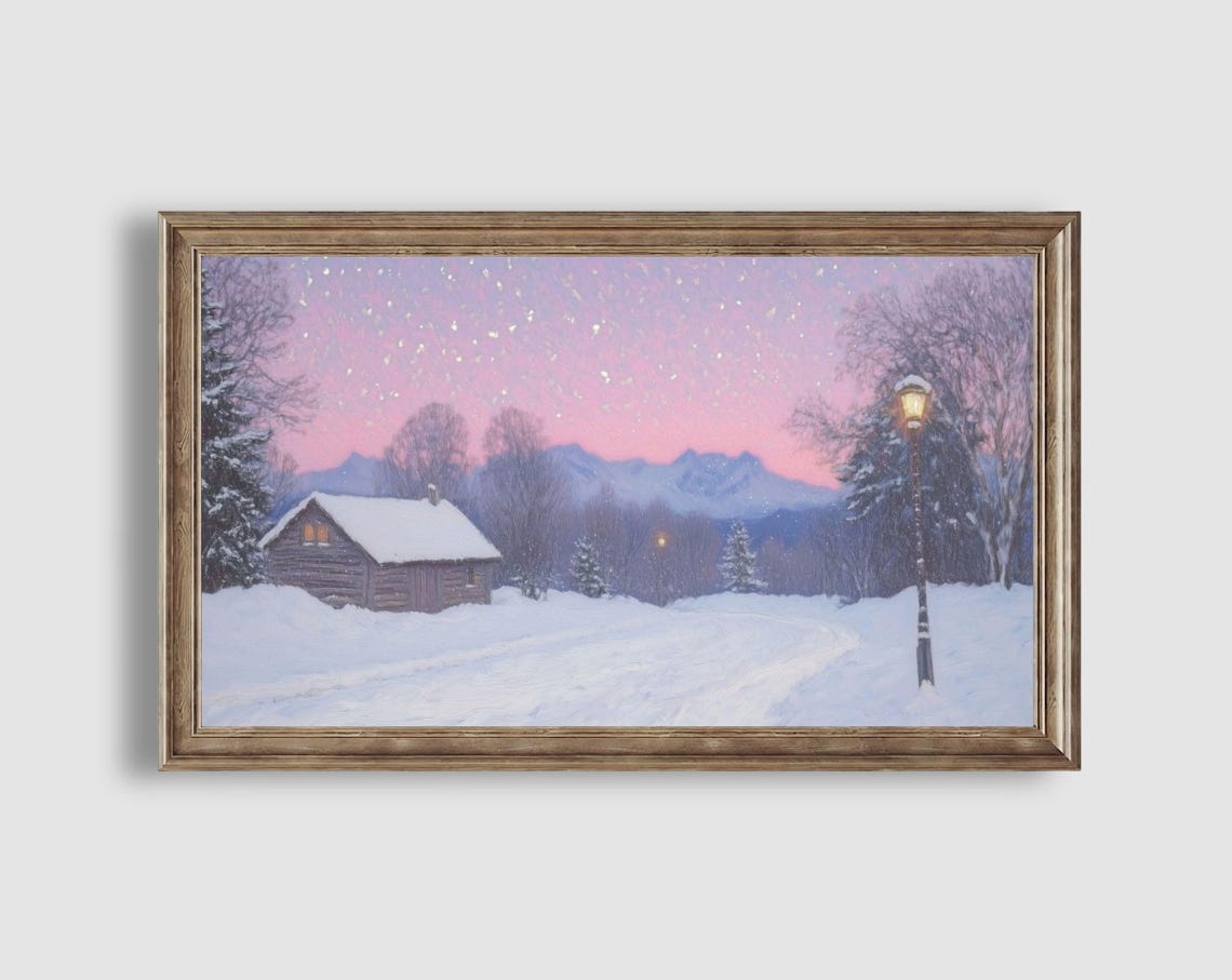 Cozy Winter Cabin Pink Sunset Snowy Mountain Landscape Poster - Image 2