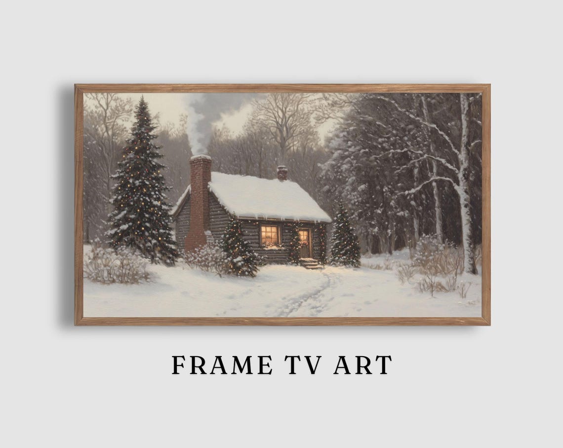Cozy Log Cabin Christmas Trees Smoking Chimney Winter Night Poster