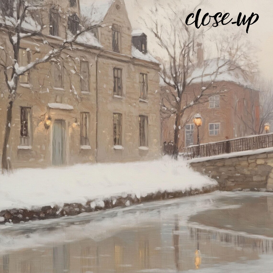 Snowy Stone Bridge Canal Old Town Winter Village Scene Poster - Image 4