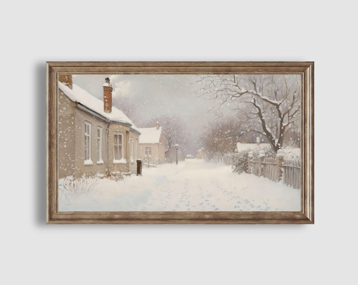 Snowy Village Lane Brick Cottages Picket Fence Winter Scene Poster - Image 2