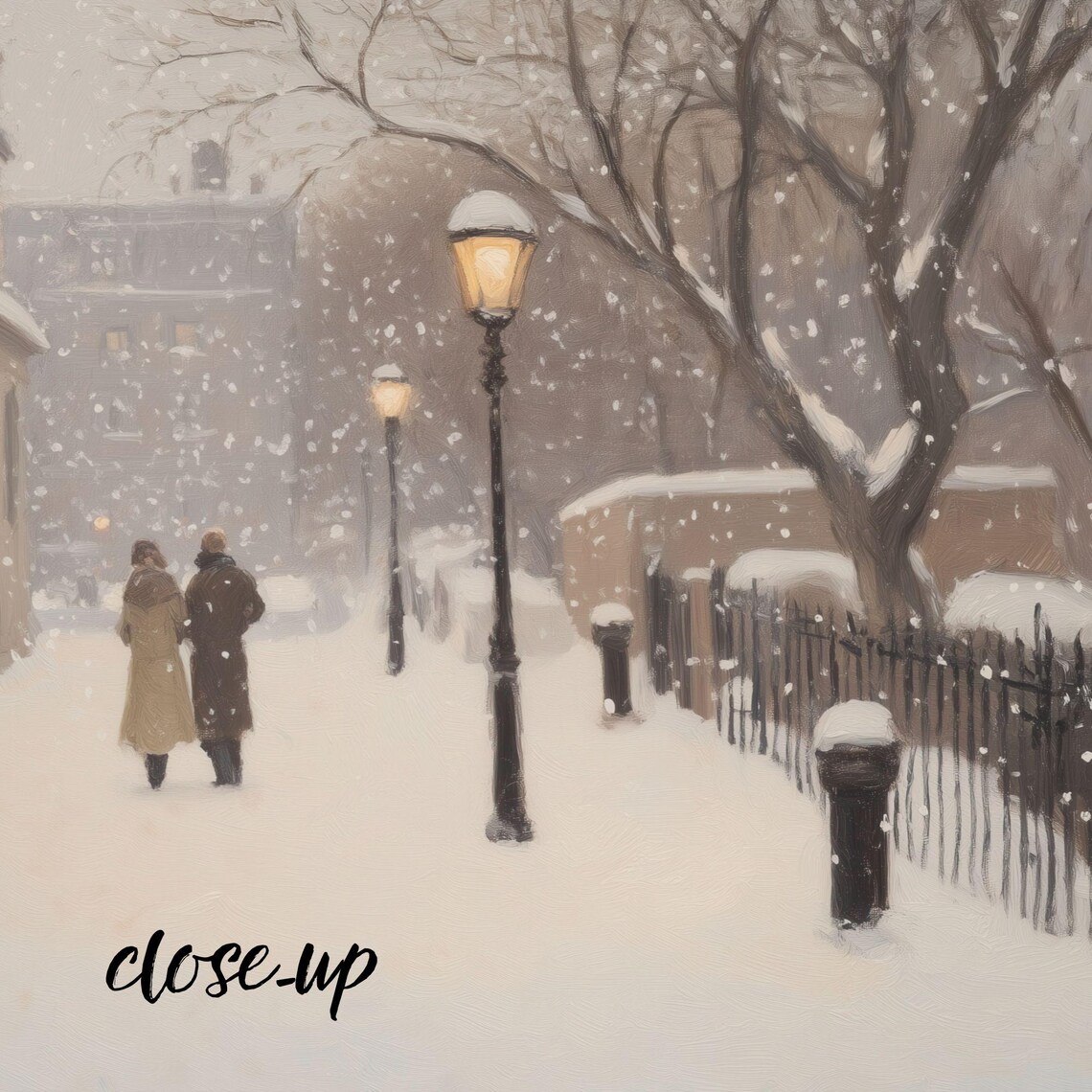 Couple Strolling Snowy Brick Street Lampposts Winter Scene Poster - Image 3