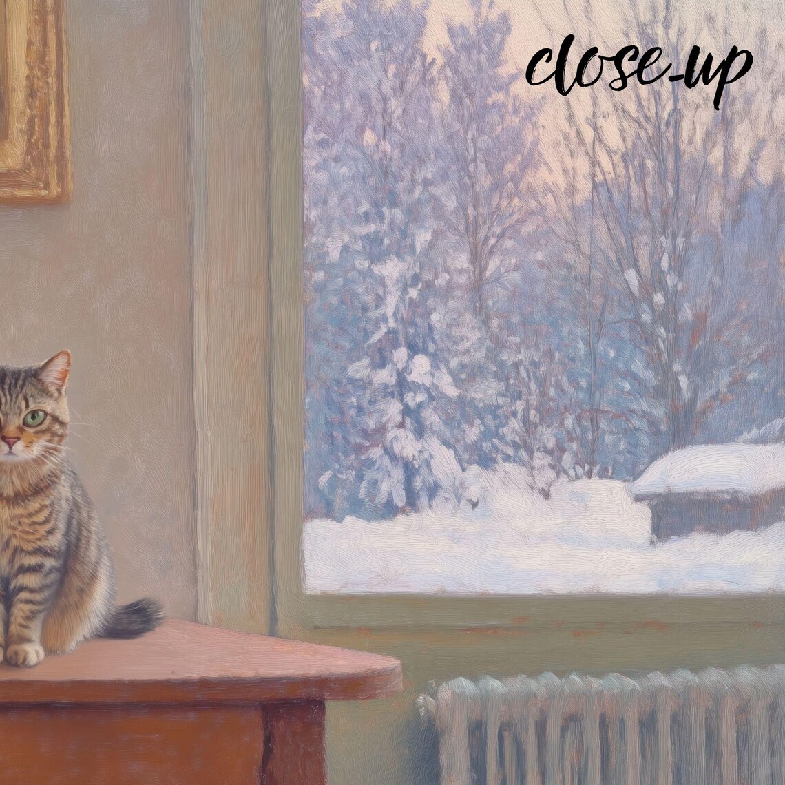 Tabby Cat Still Life with Flowers and Teapot by a Snowy Window Painting Poster - Image 3