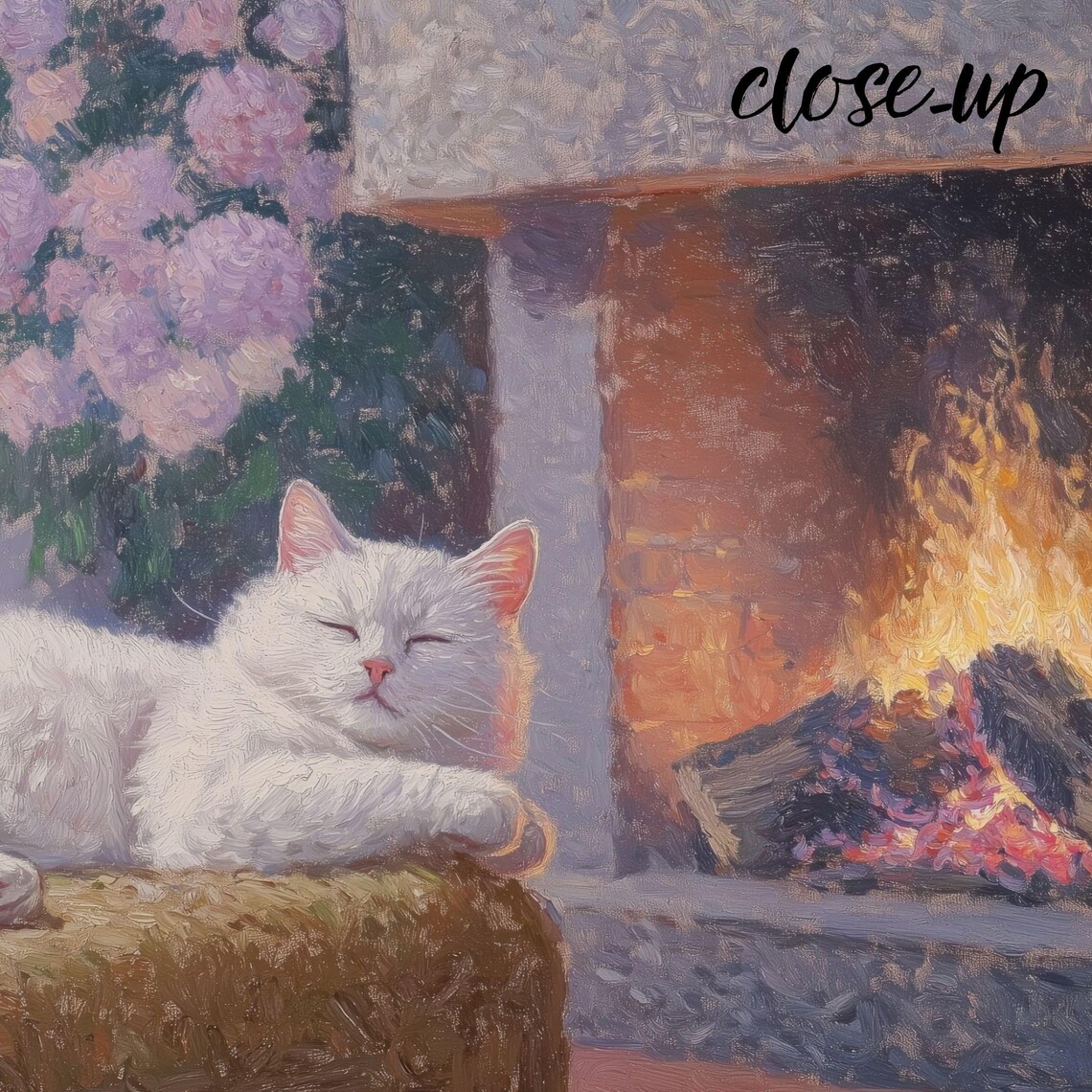 White Cat Sleeping by a Glowing Fireplace with Pink Roses Painting Poster - Image 4