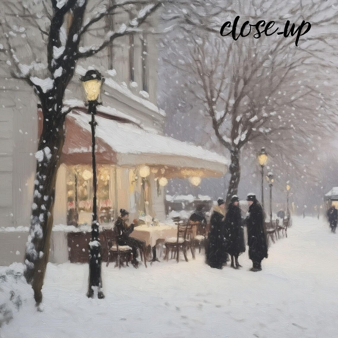 Snowy Street Café Awning Pedestrians Winter City Scene Poster - Image 4