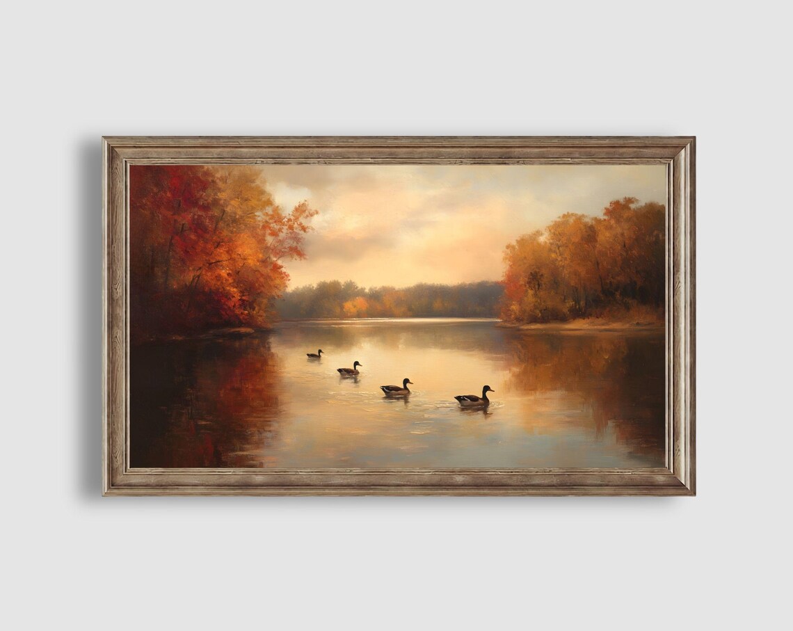 Four Mallard Ducks on Calm Autumn Lake Sunset Reflection Water Art Poster - Image 2