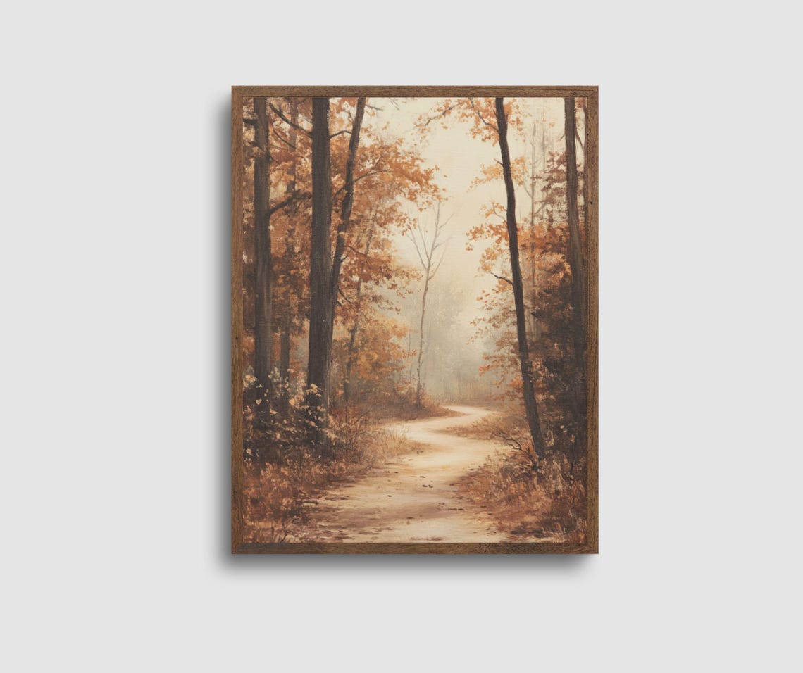 Sunlit Autumn Forest Path Tall Trees Warm Vintage Trail Art Poster - Image 2