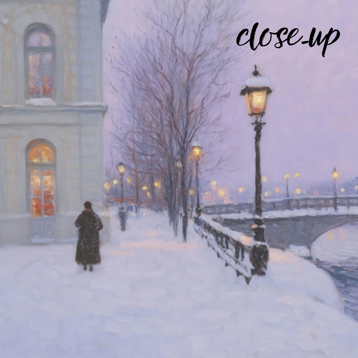 Snowy River Bridge with Glowing Lampposts and Riverside Building Painting Poster - Image 4