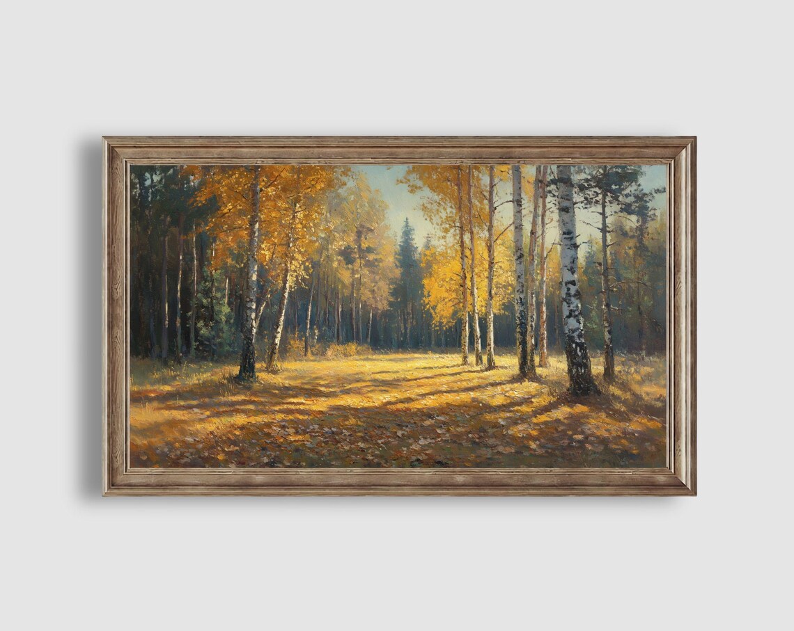 Golden Birch Grove Autumn Sunbeams Tall Trees Forest Landscape Art Poster - Image 2