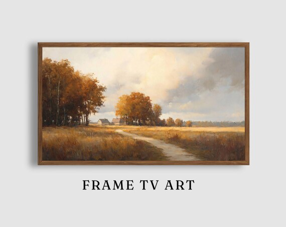 Golden Autumn Field Country Road Leading to Distant Farmhouse Poster