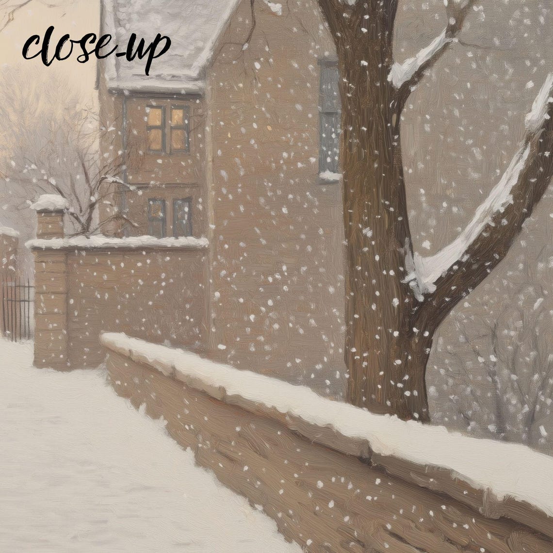 Snowy Courtyard Stone Arch Gate Lamppost Winter Scene Poster - Image 3