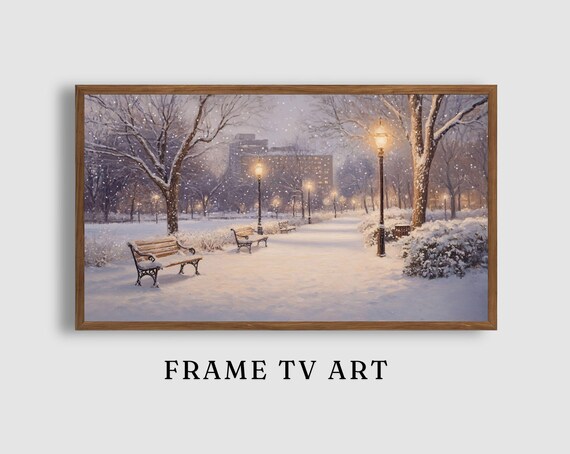 Snowy City Park Path Lamplights Benches Winter Evening Scene Art Poster