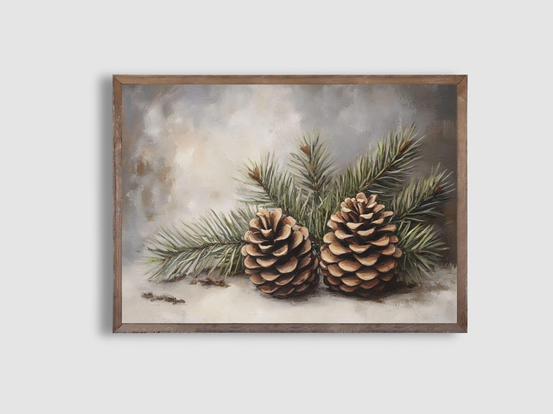 Rustic Pinecones and Evergreen Branch Snowy Winter Still Life Poster - Image 2