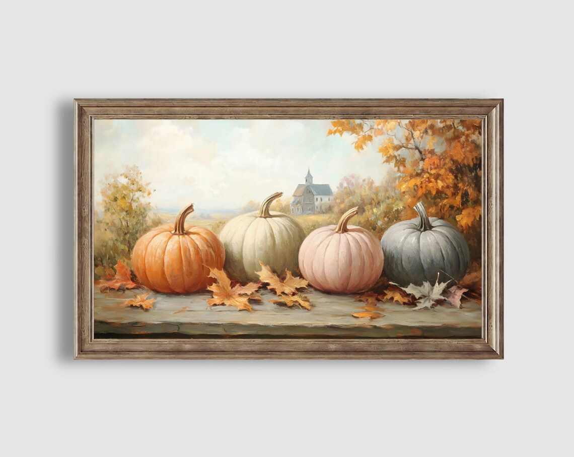 Four Pumpkins with Church View Autumn Harvest Painting Poster - Image 2
