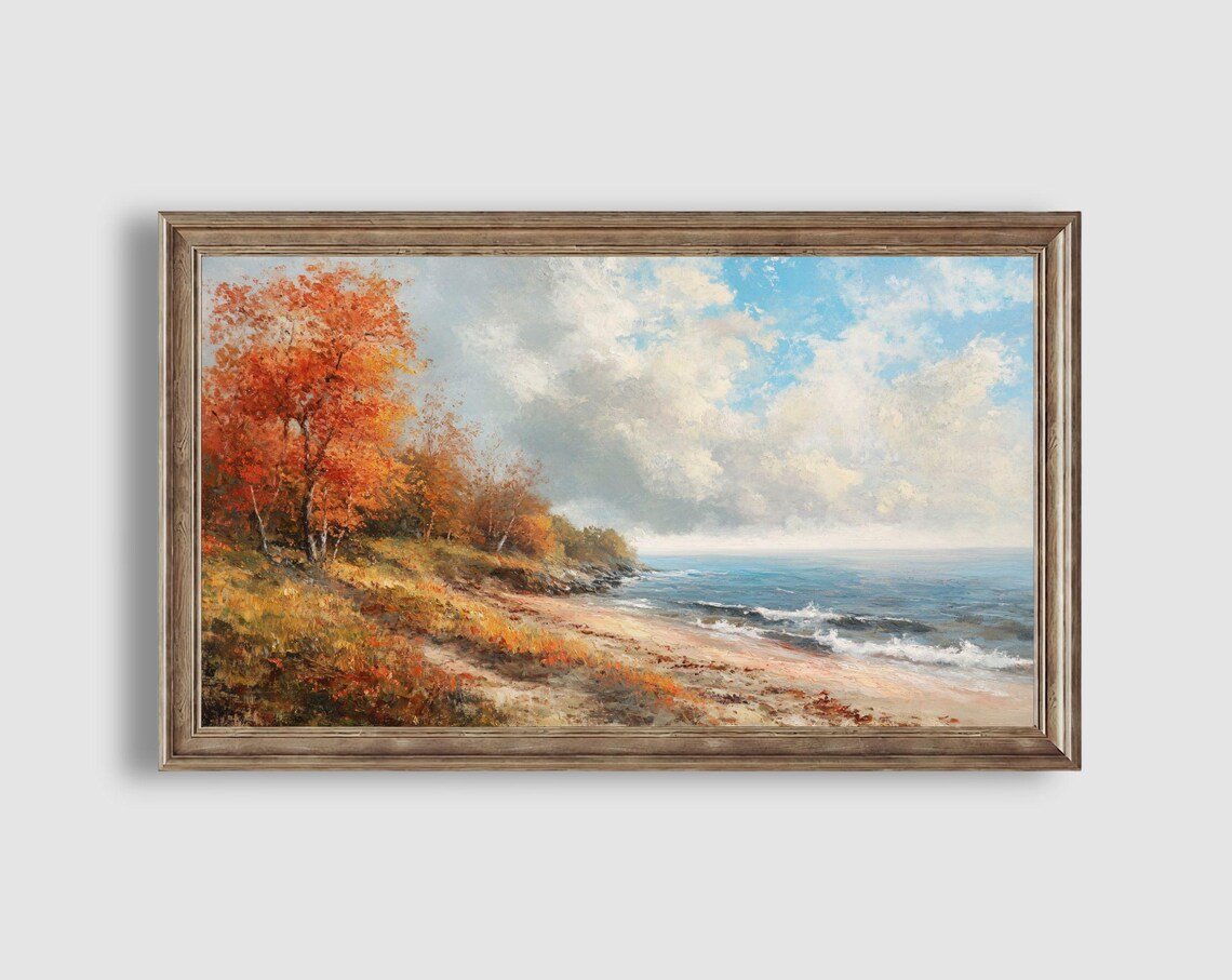 Autumn Shoreline with Red Trees Ocean Waves Coastal Landscape Poster - Image 2