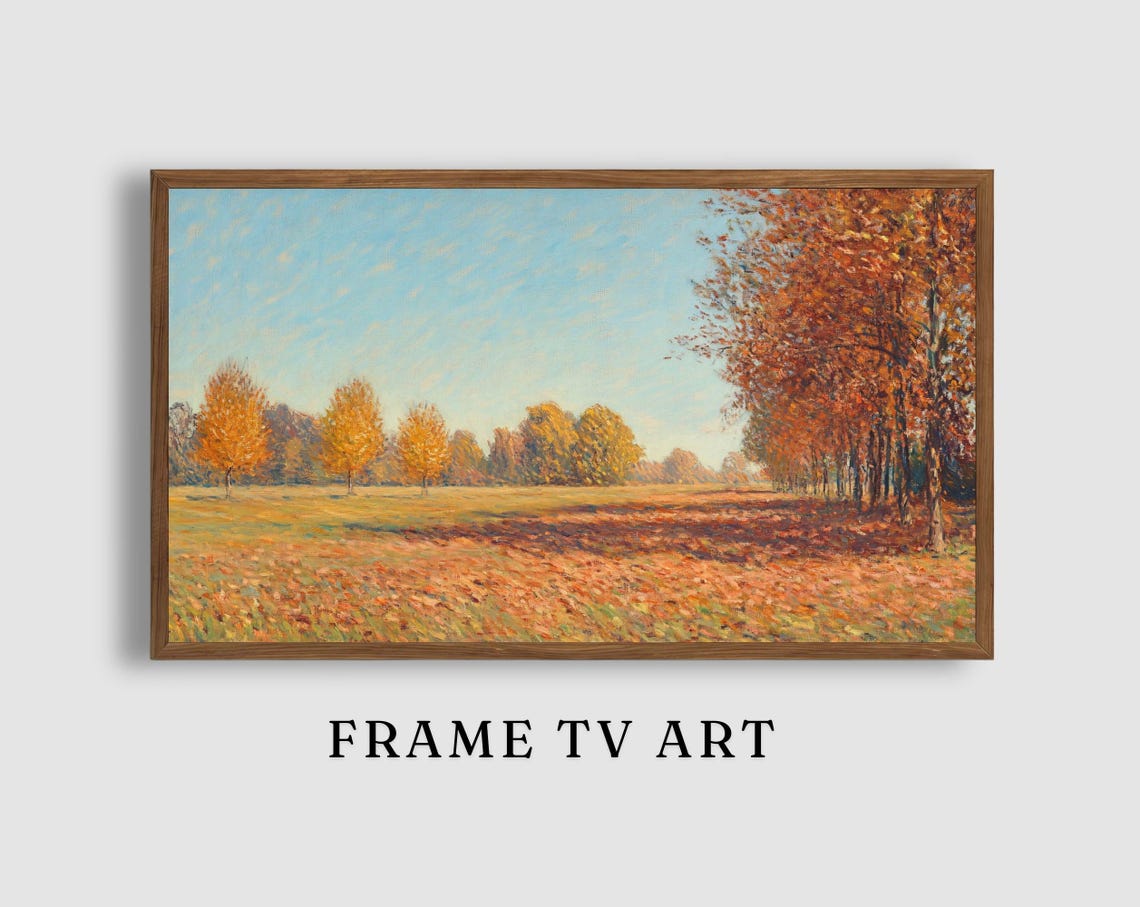 Golden Autumn Trees Lining Peaceful Meadow Morning Landscape Poster