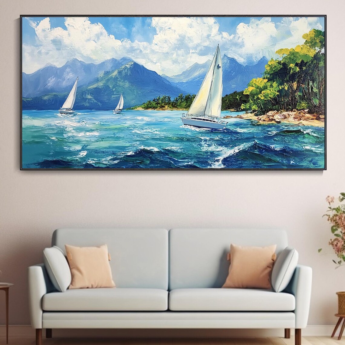 Sailboats Racing on Turquoise Sea Mountains Coastal Painting Poster