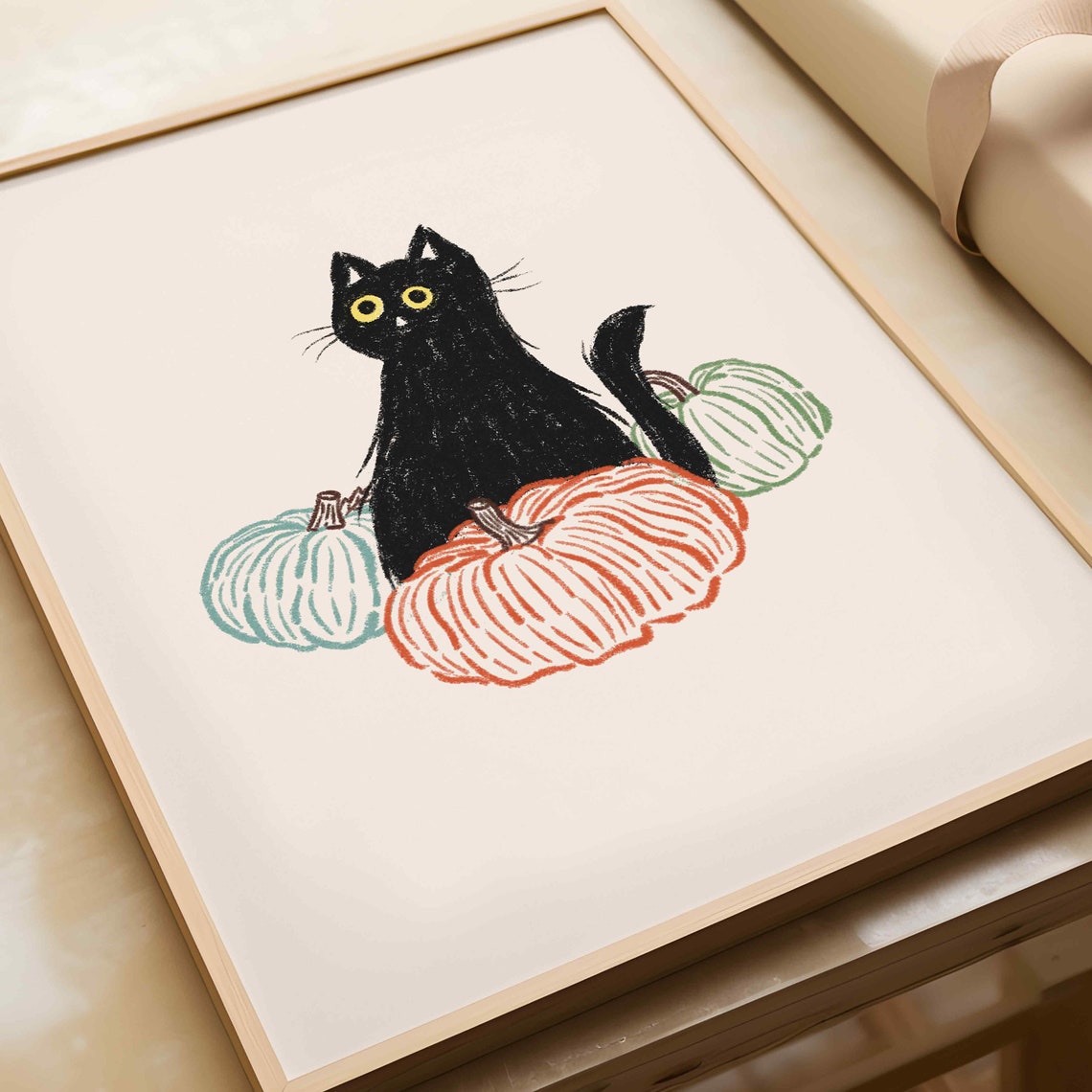Cute Black Cat With Colorful Pumpkins Playful Fall Halloween Poster - Image 4