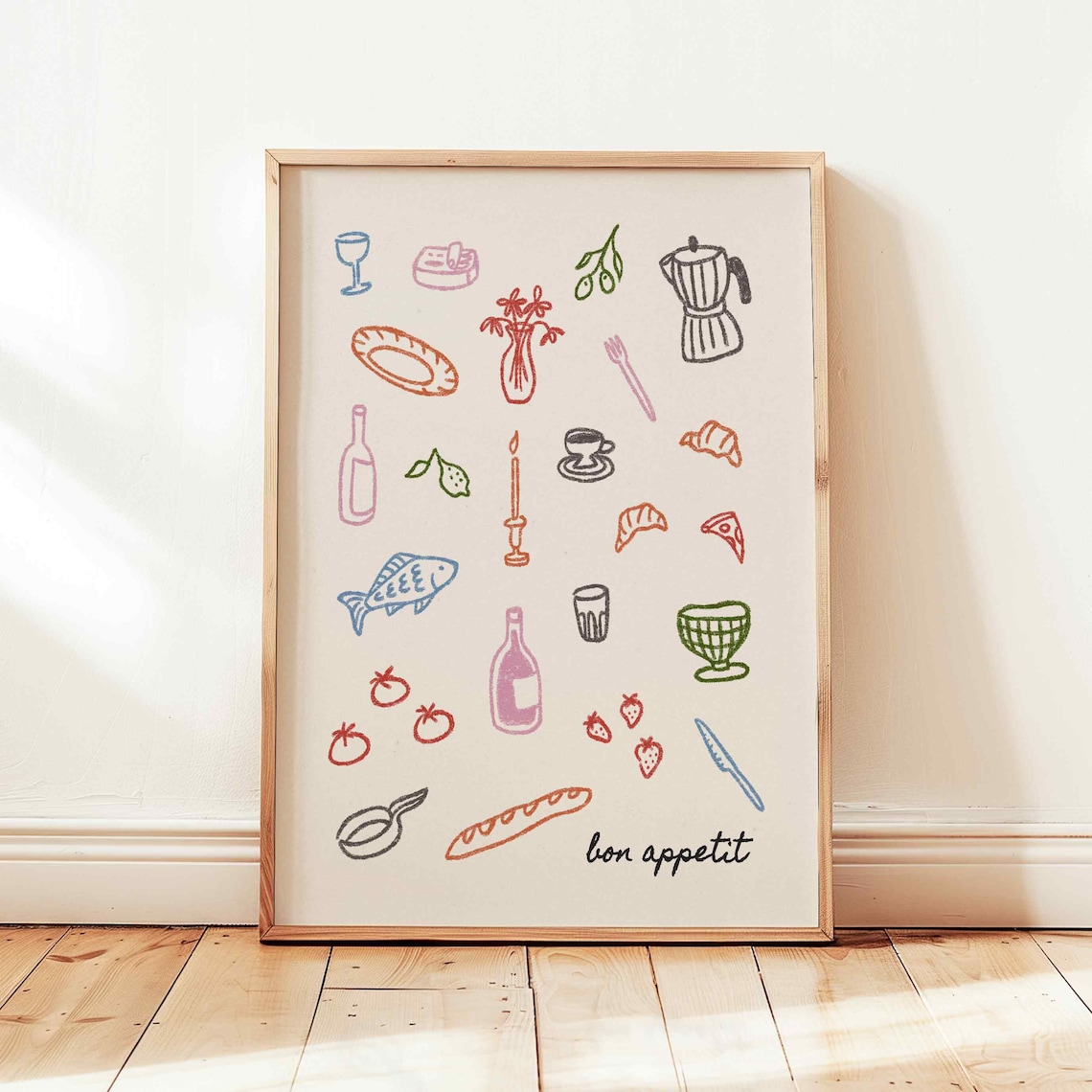 Bon Appetit Colorful French Food Doodle Icons Kitchen Poster